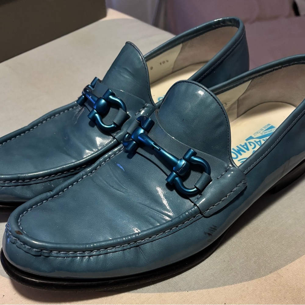 Salvatore Ferragamo Blue Patent Leather Loafers